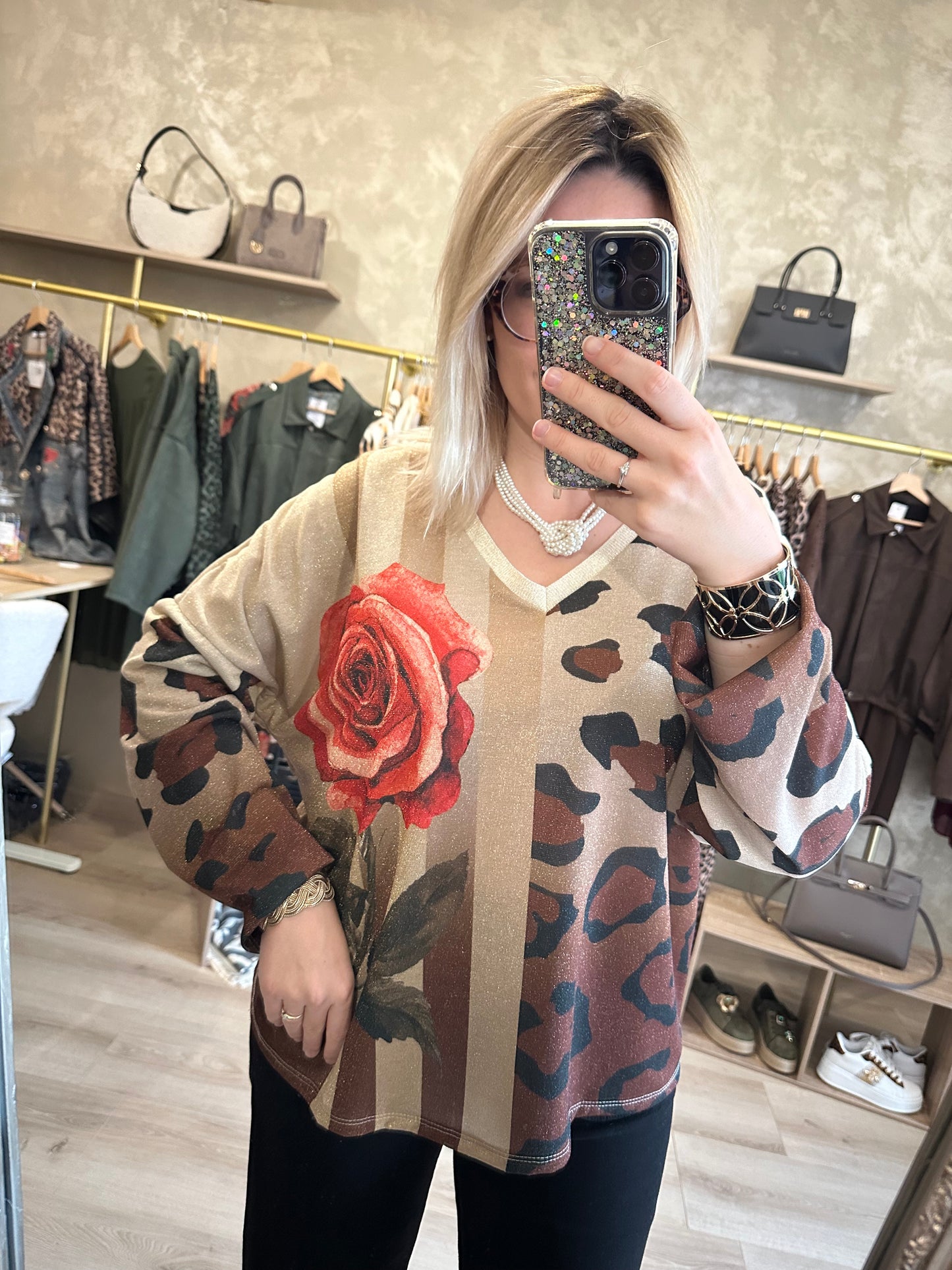 Haut lurex rose léopard
