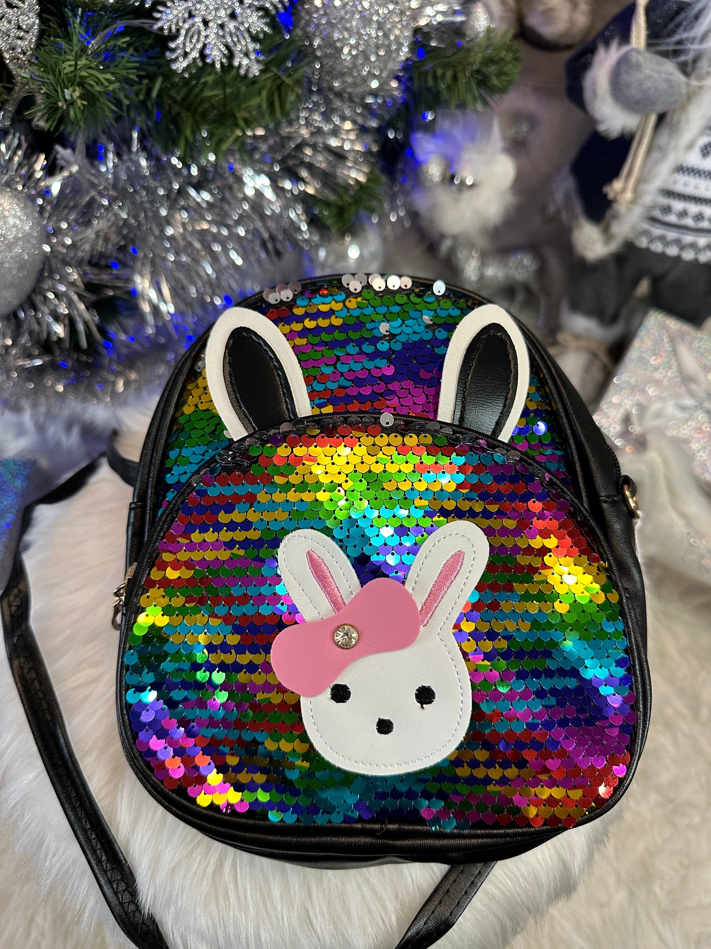 Sac à dos sequins multicolores petit lapin à noeud