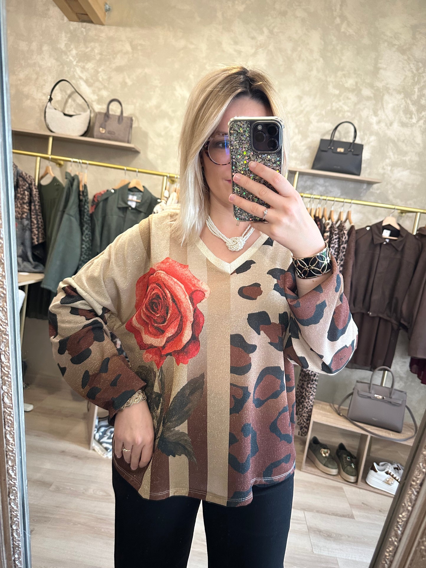 Haut lurex rose léopard