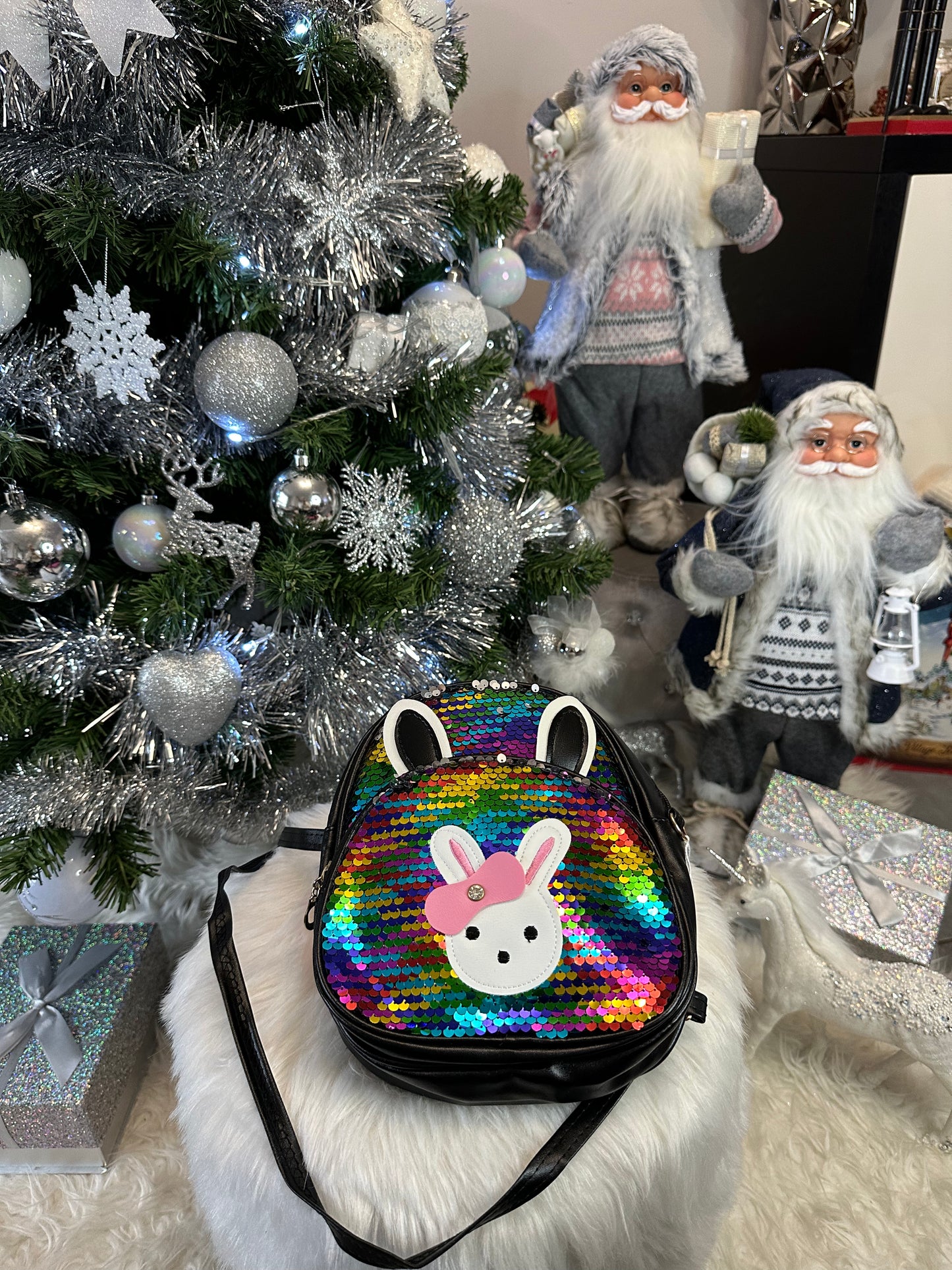 Sac à dos sequins multicolores petit lapin à noeud
