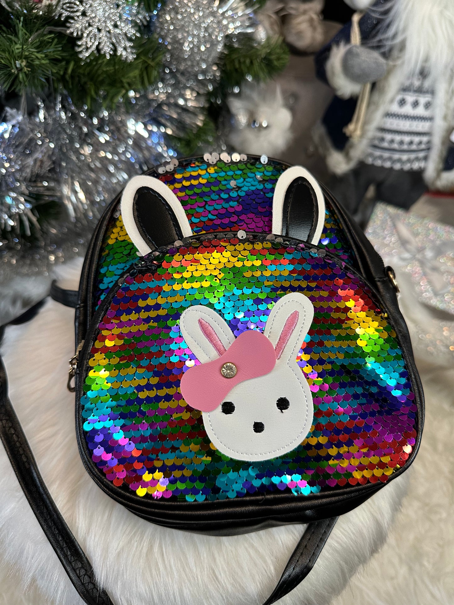 Sac à dos sequins multicolores petit lapin à noeud
