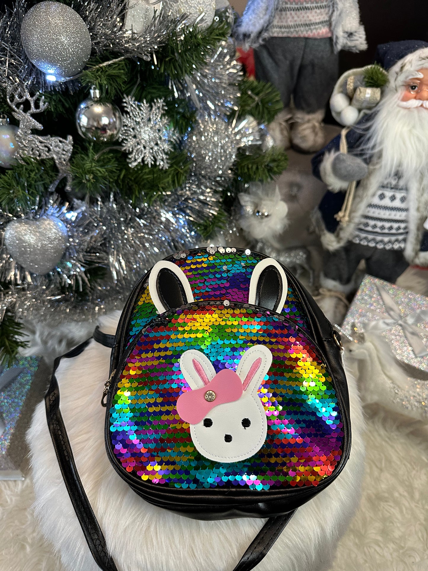 Sac à dos sequins multicolores petit lapin à noeud
