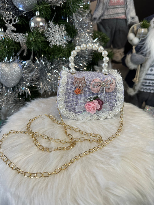 Petit sac à main violet effet tweed et bandoulière chaîne