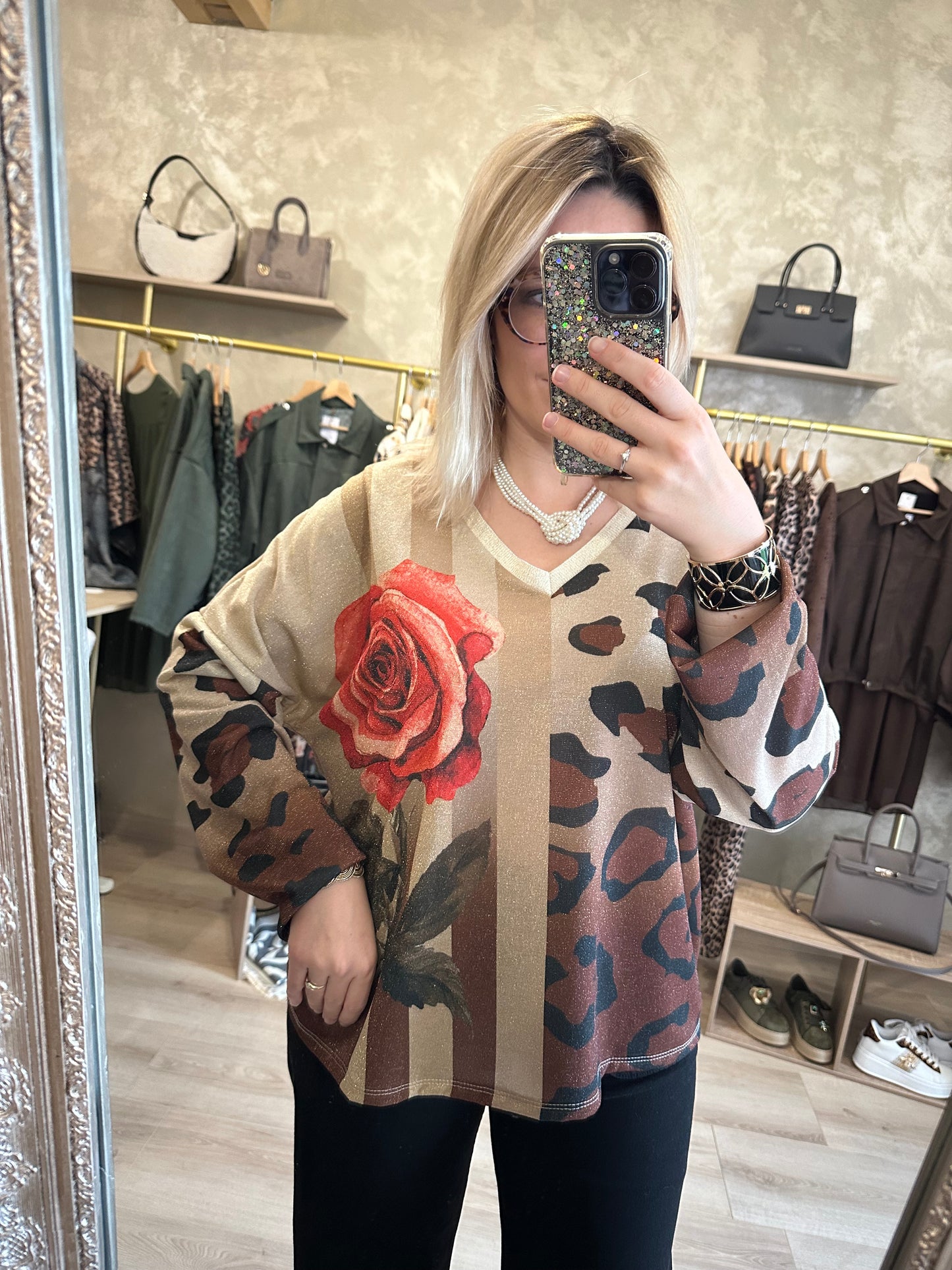 Haut lurex rose léopard