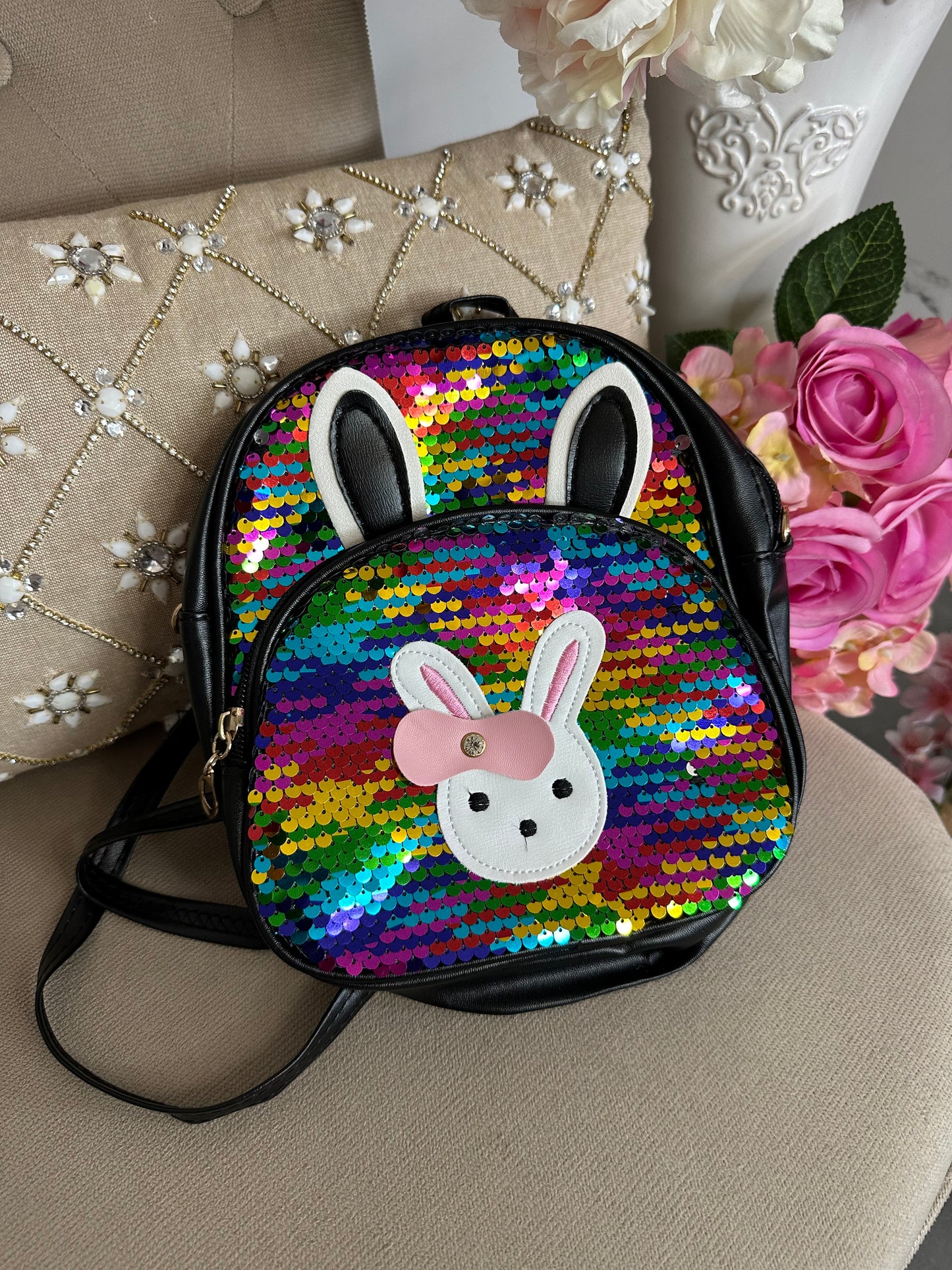 Sac à dos sequins multicolores petit lapin à noeud