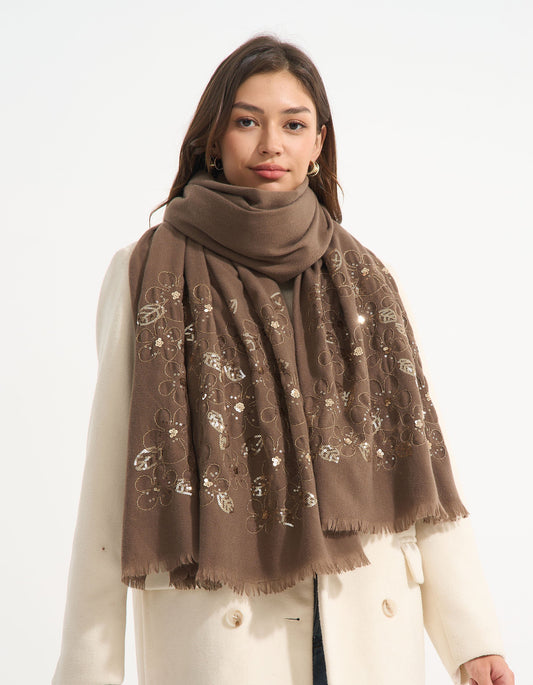 Écharpe FLEURS sequins marron