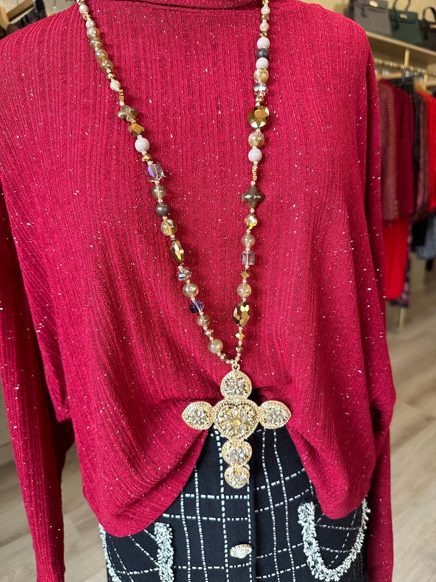 Sautoir croix marron