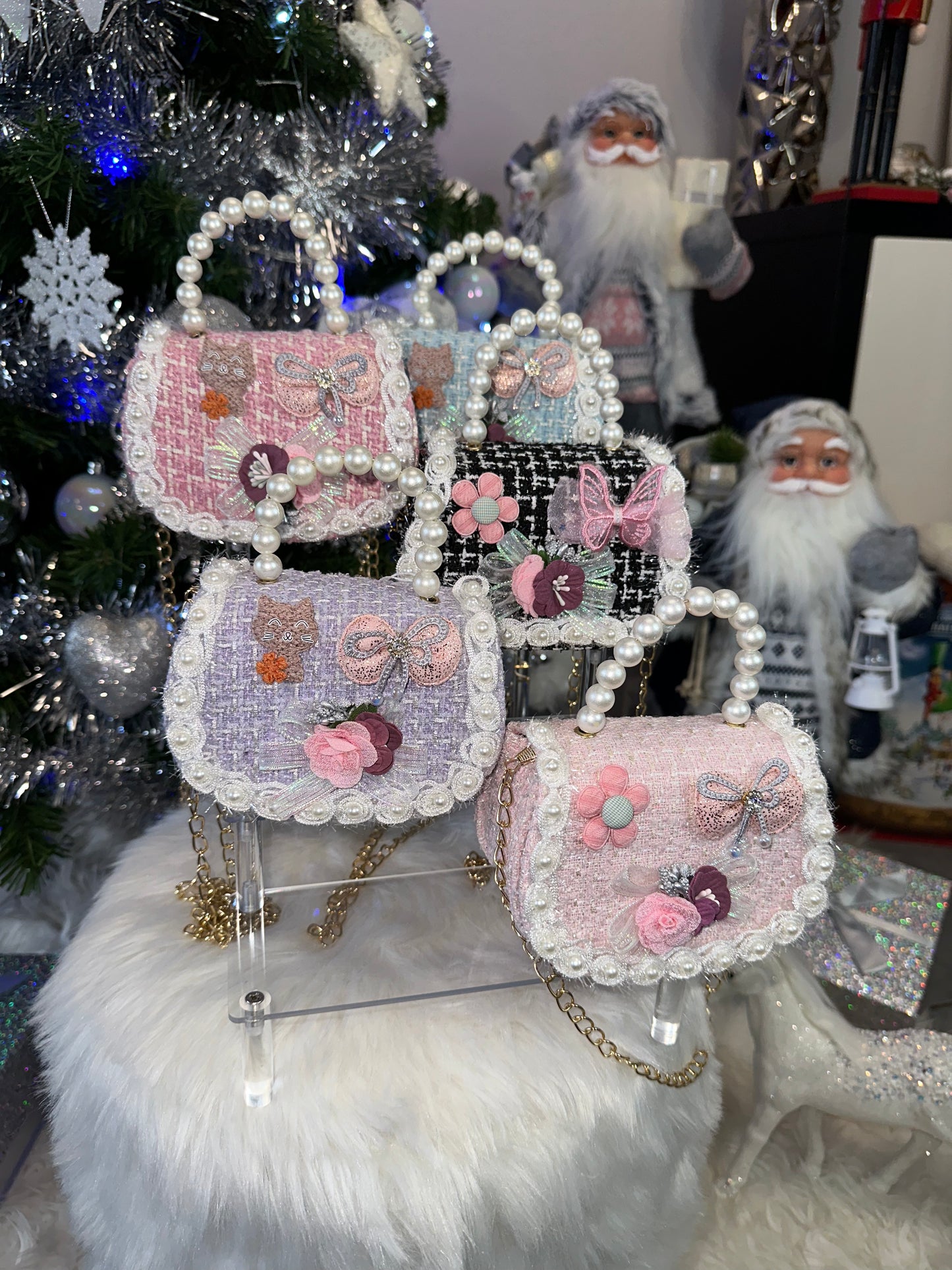 Petit sac à main violet effet tweed et bandoulière chaîne