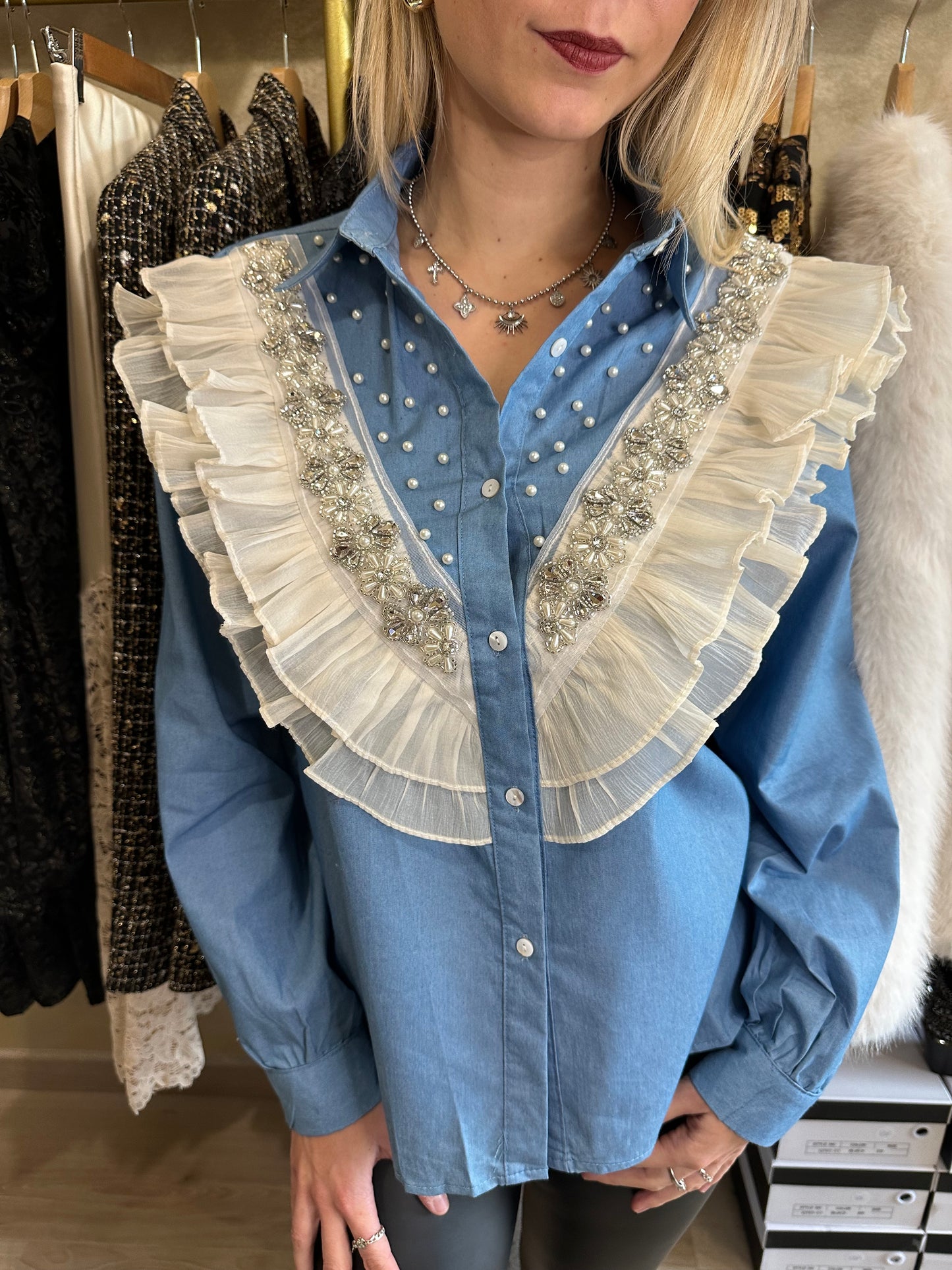 Collier CROIX argenté strass