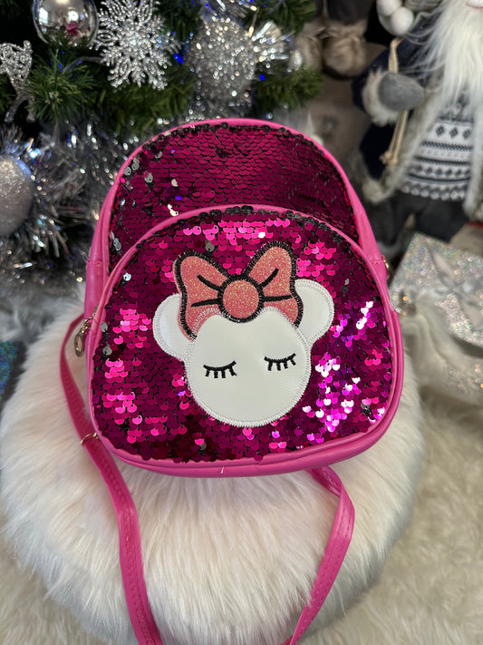 Sac à dos sequins rose fuschia petite souris à noeud