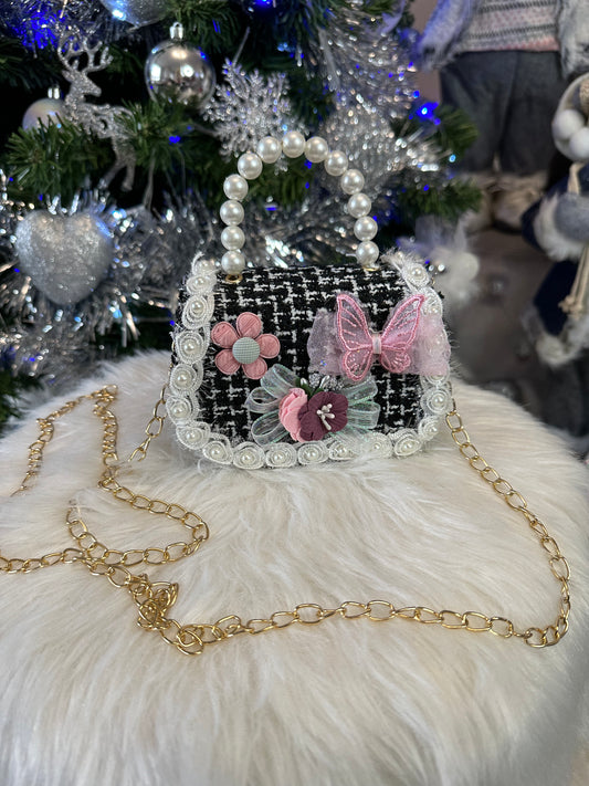 Petit sac à main noir effet tweed et bandoulière chaîne