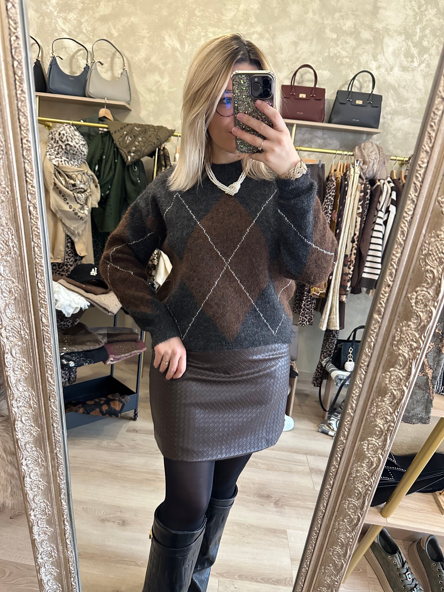 Pull JACQUARD gris - chocolat