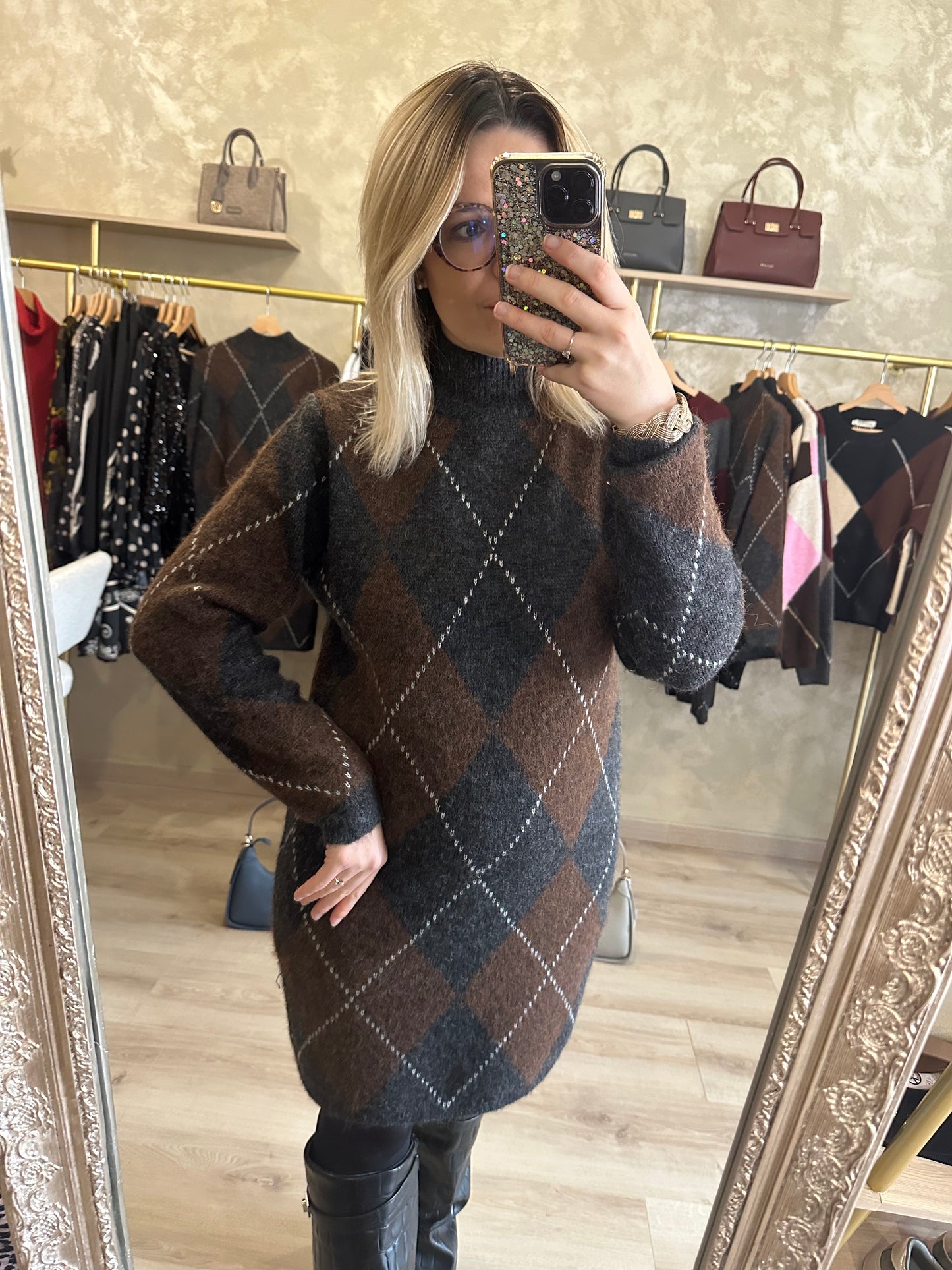 Robe Pull JACQUARD gris - chocolat