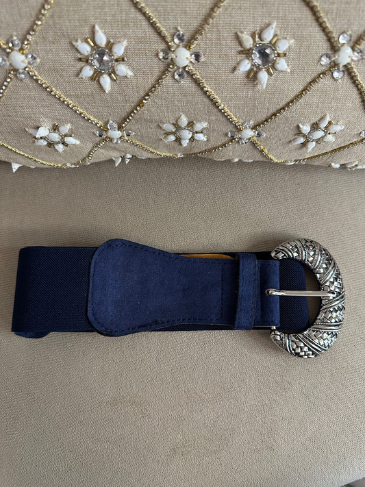 Ceinture bleue grosse boucle argent