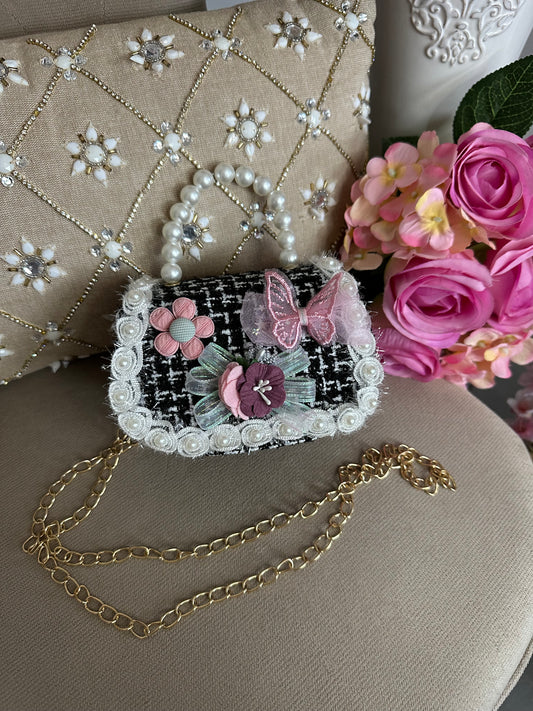 Petit sac à main noir effet tweed et bandoulière chaîne