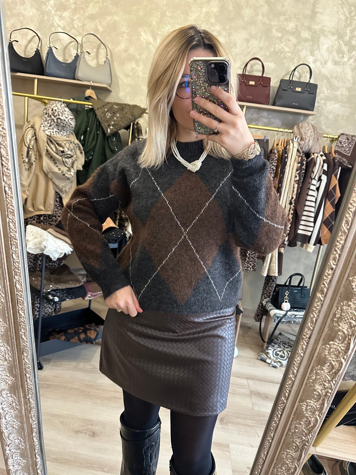 Pull JACQUARD gris - chocolat
