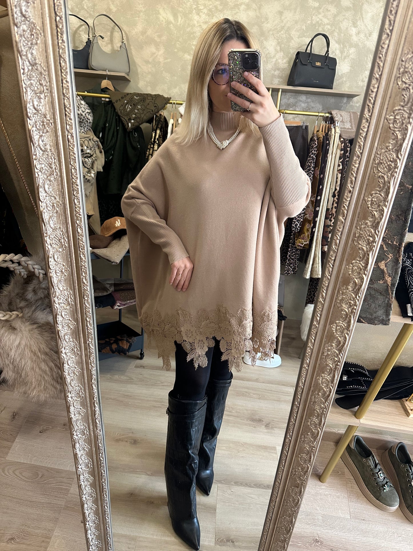 Robe pull DENTELLE camel