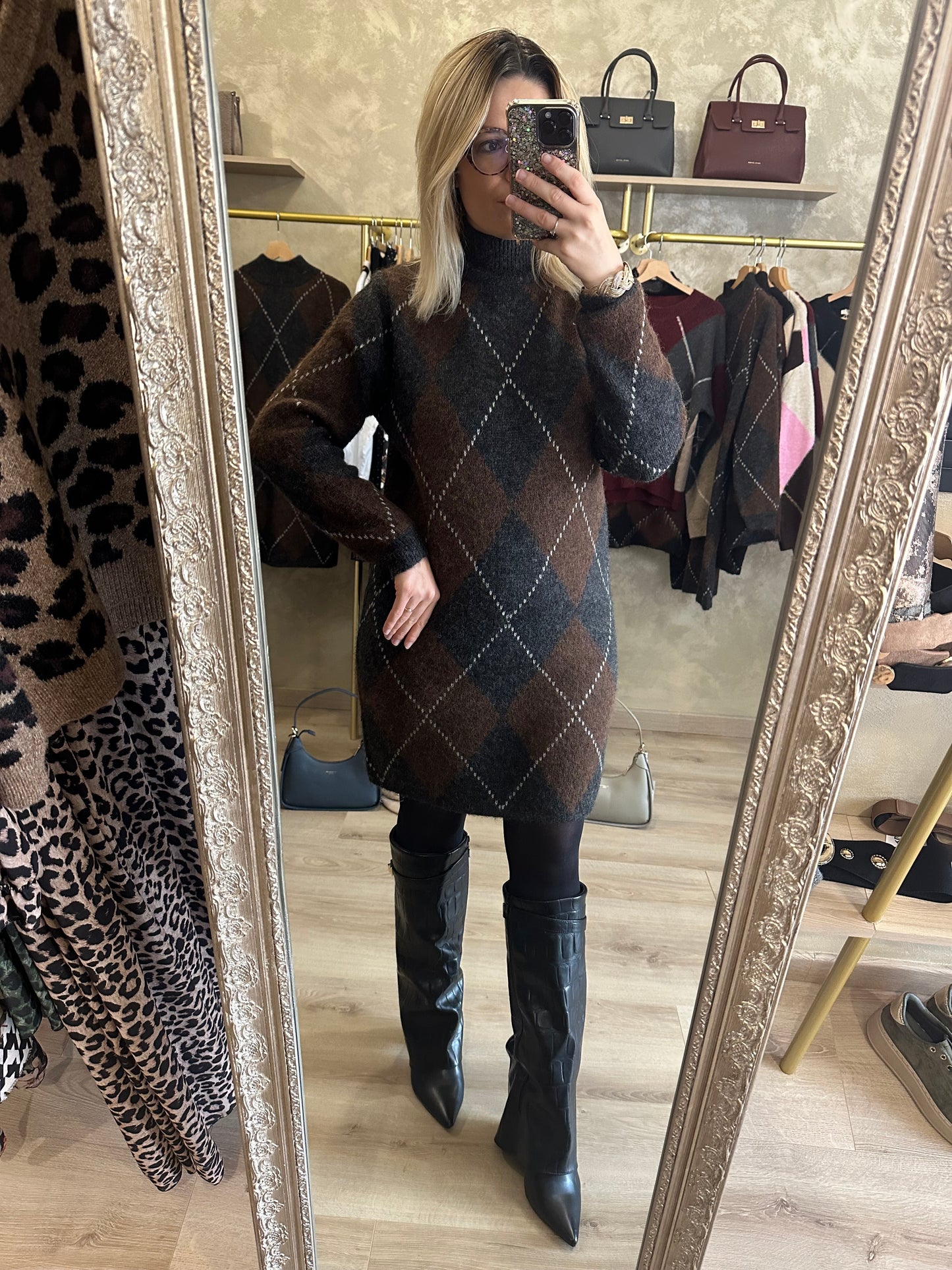Robe Pull JACQUARD gris - chocolat