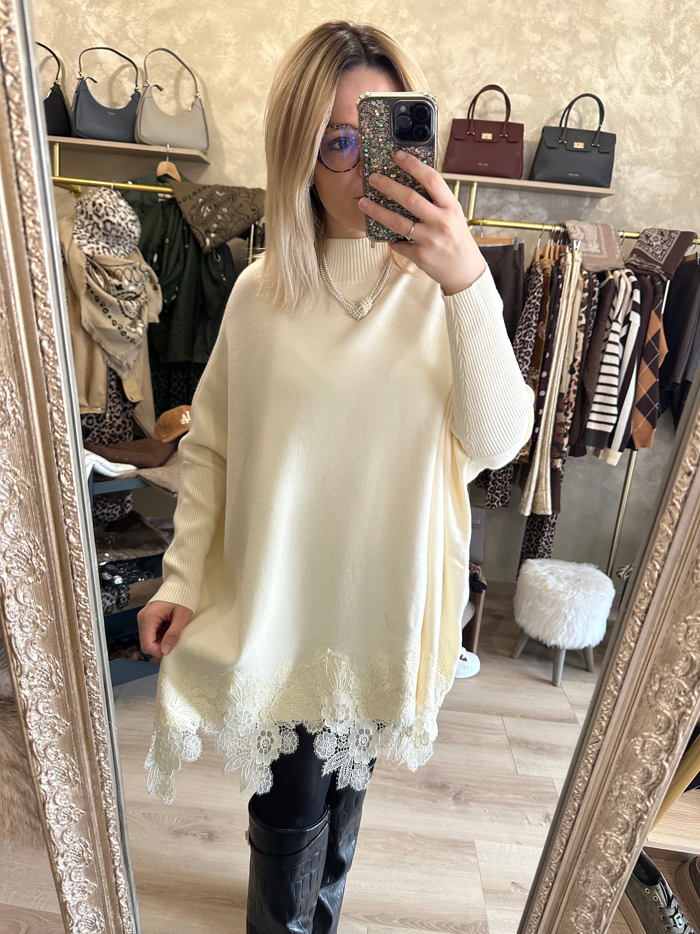 Robe pull DENTELLE crème