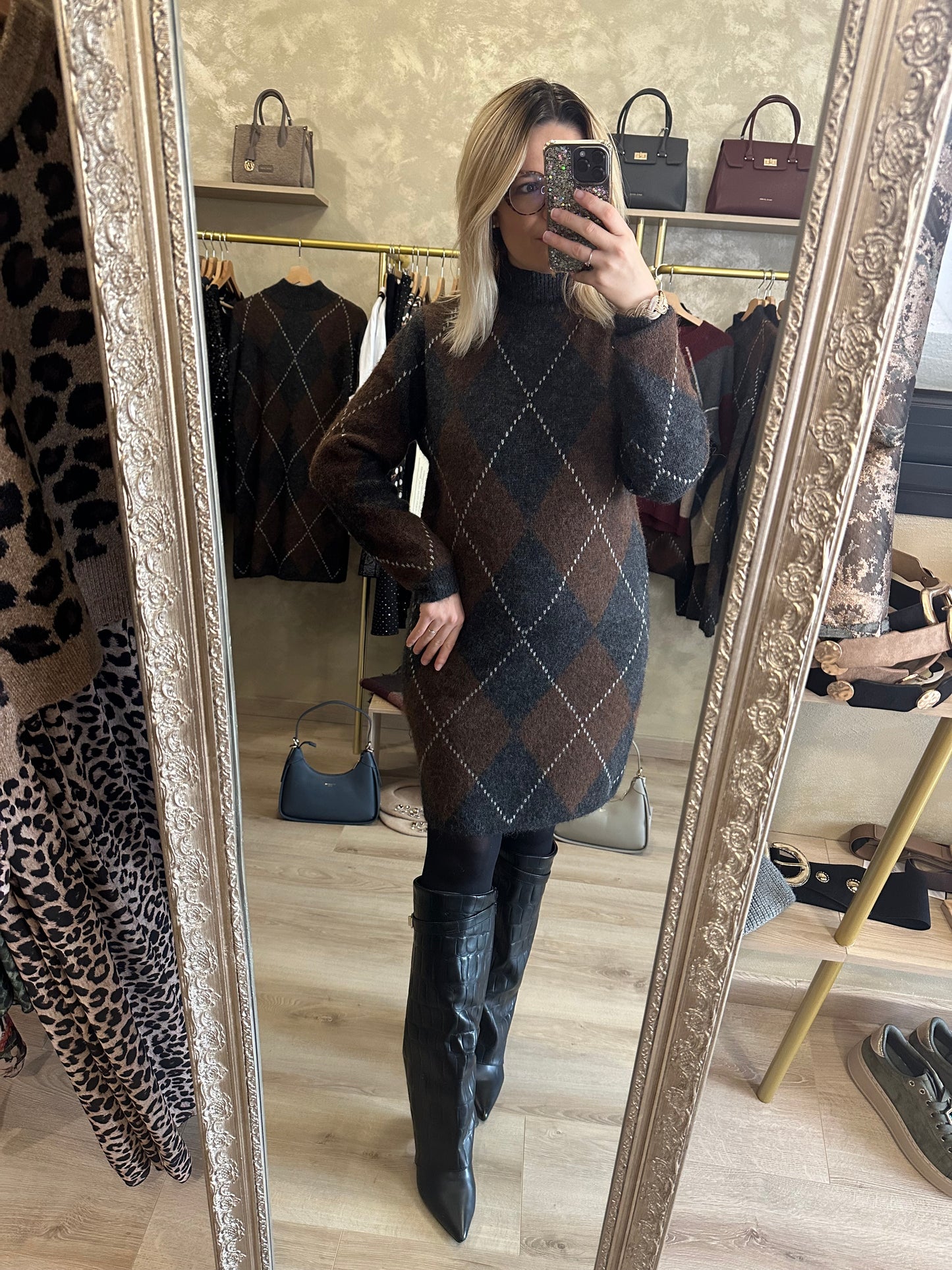Robe Pull JACQUARD gris - chocolat