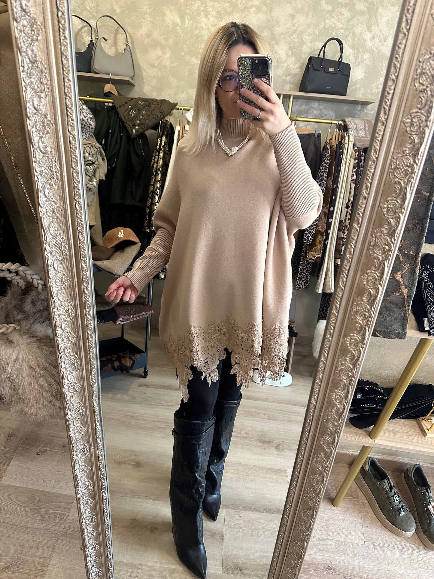 Robe pull DENTELLE camel