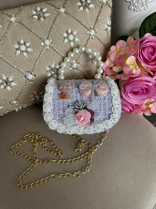 Petit sac à main violet effet tweed et bandoulière chaîne