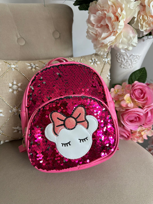 Sac à dos sequins rose fuschia petite souris à noeud