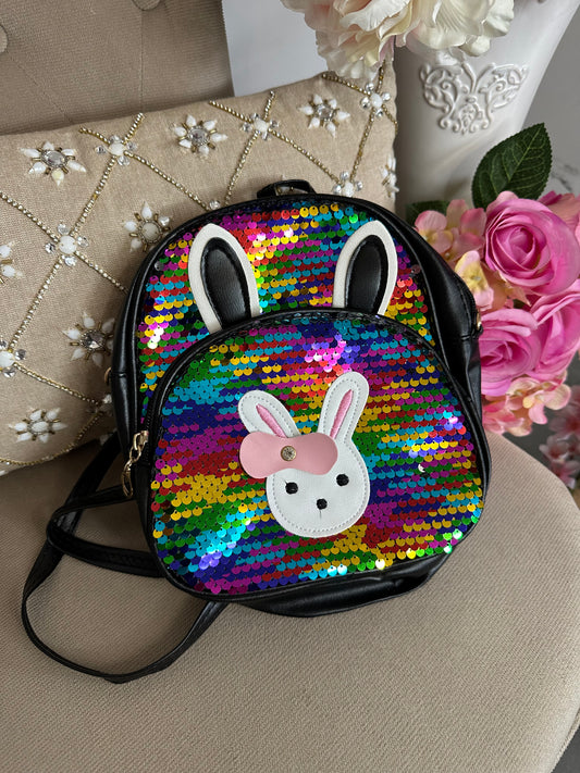 Sac à dos sequins multicolores petit lapin à noeud