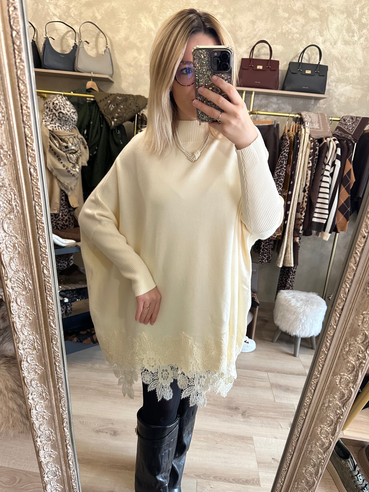 Robe pull DENTELLE crème