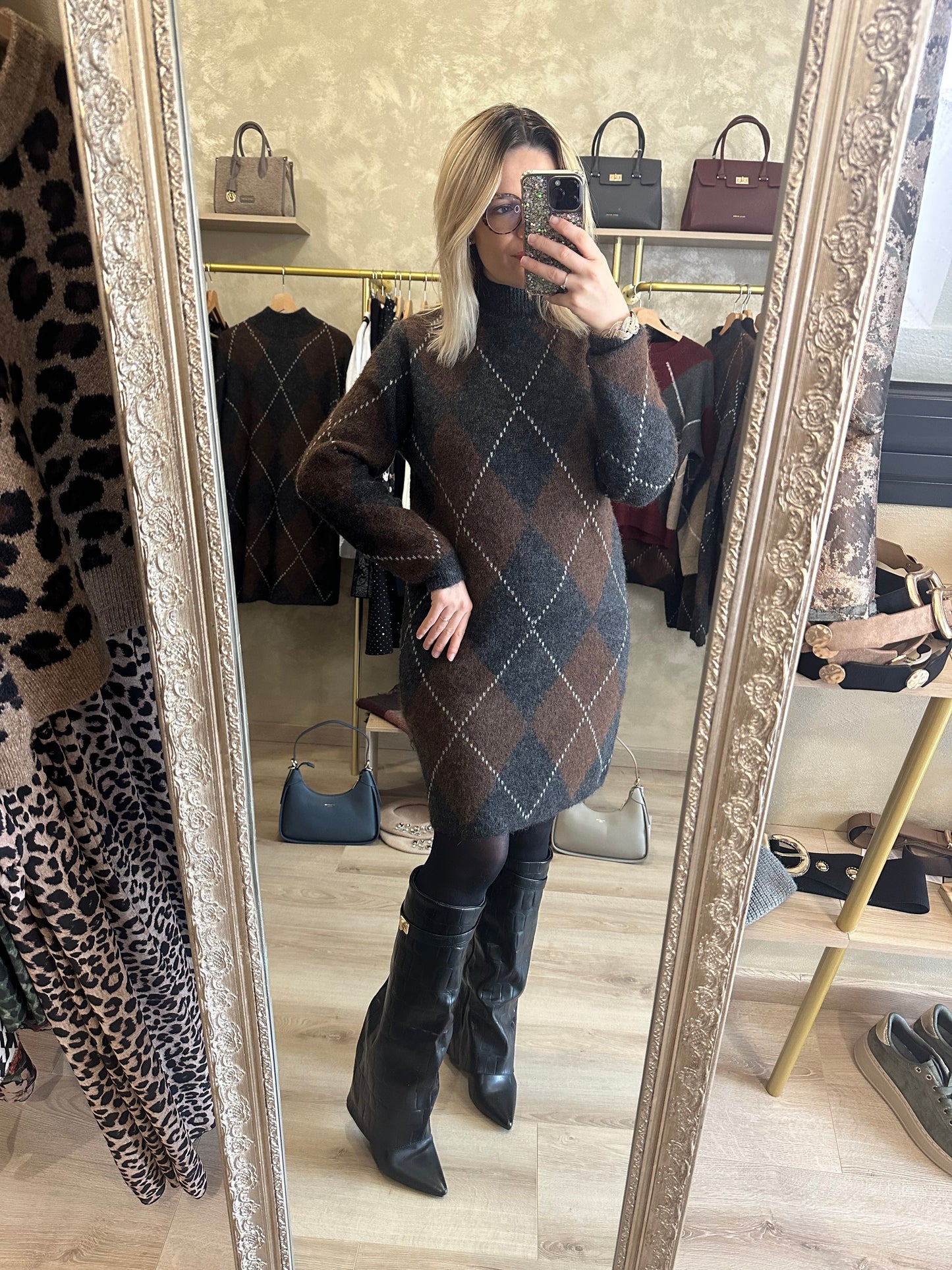 Robe Pull JACQUARD gris - chocolat