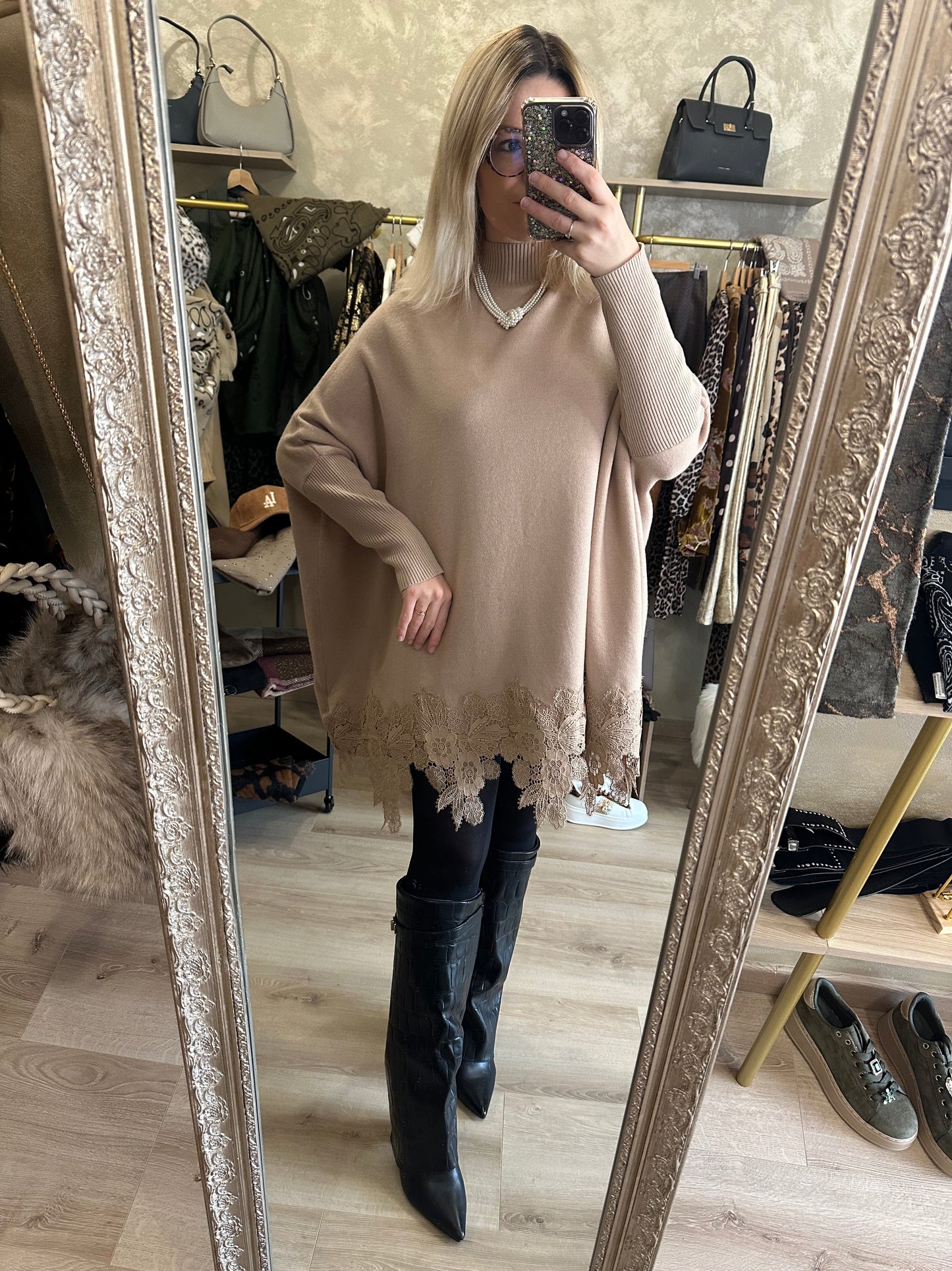 Robe pull DENTELLE camel