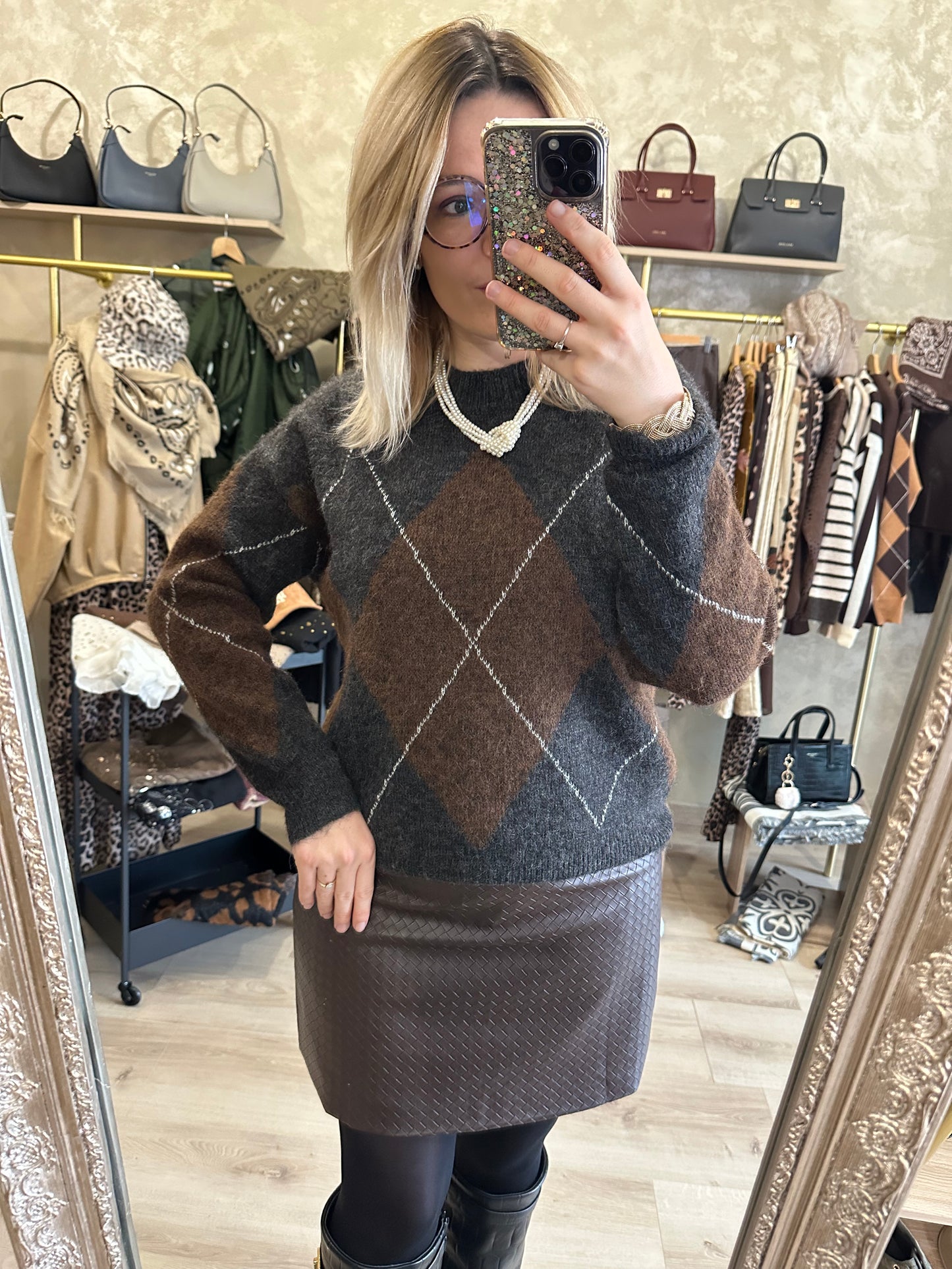 Pull JACQUARD gris - chocolat