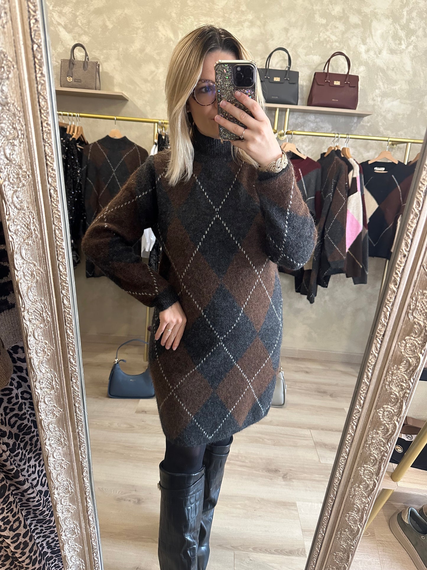 Robe Pull JACQUARD gris - chocolat