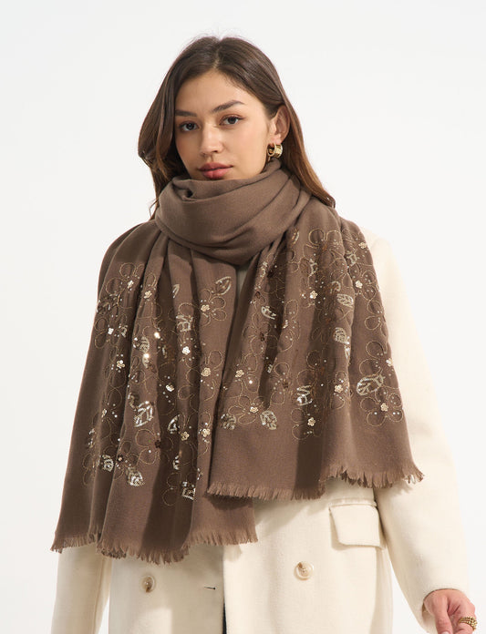 Écharpe FLEURS sequins marron