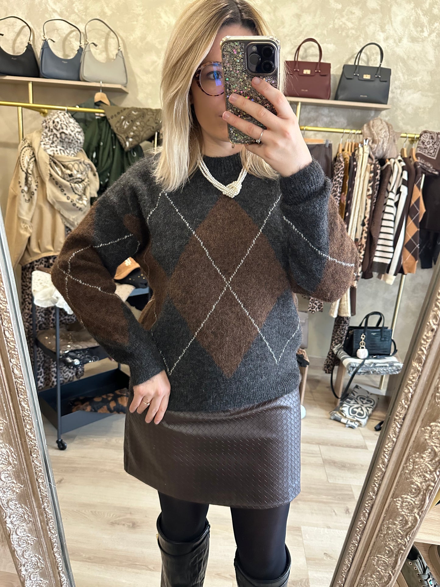 Pull JACQUARD gris - chocolat