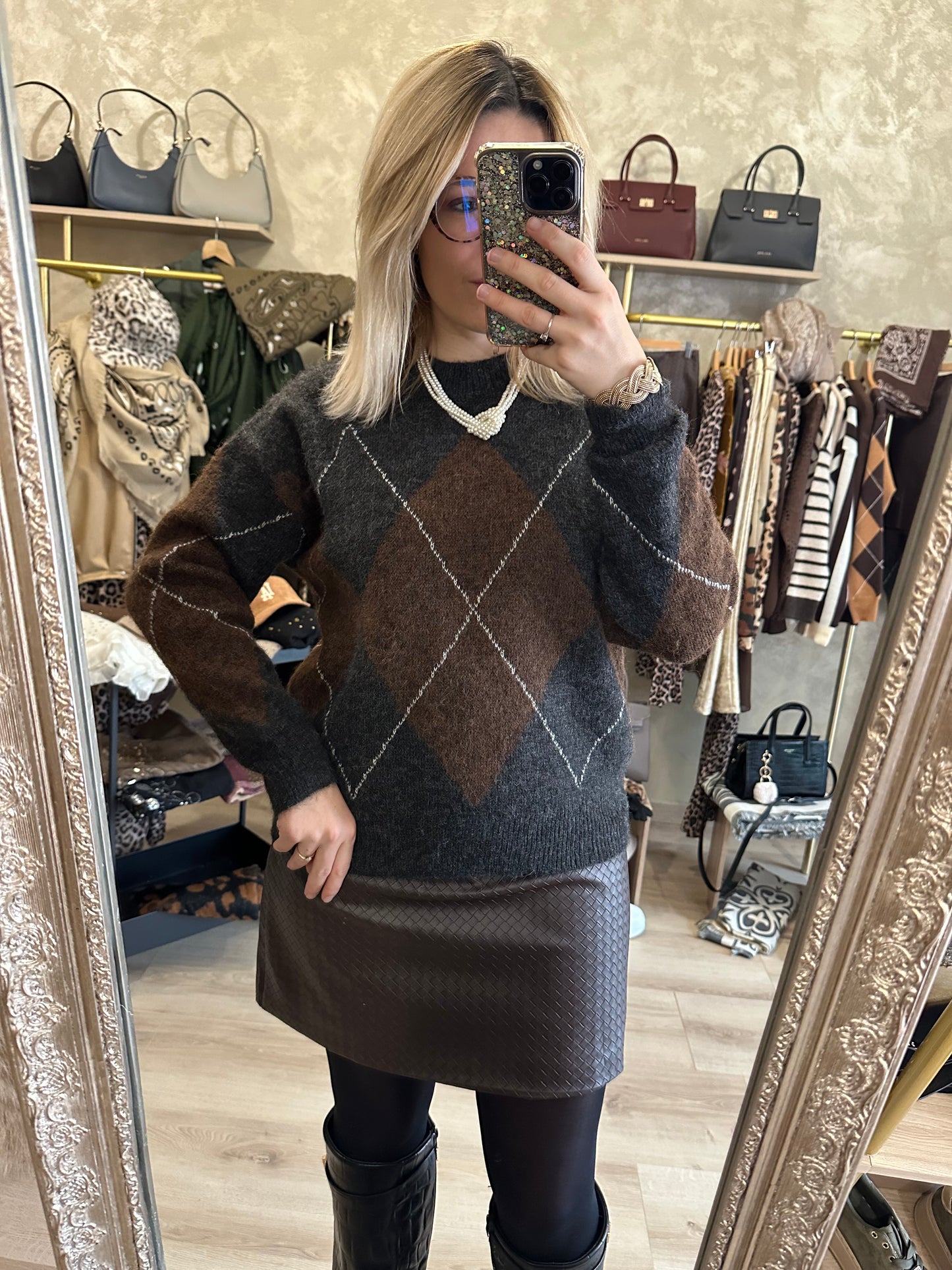 Pull JACQUARD gris - chocolat