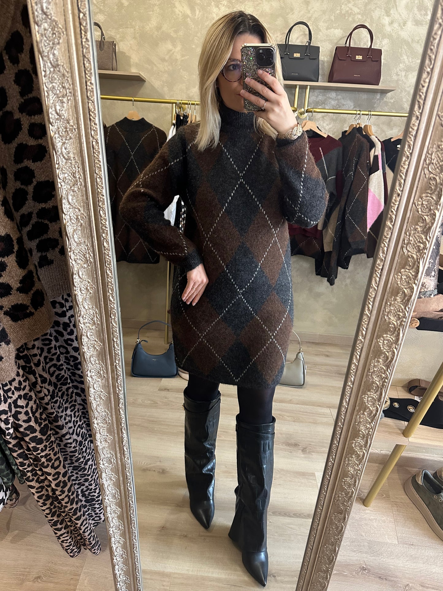 Robe Pull JACQUARD gris - chocolat